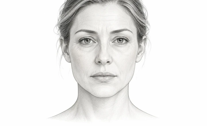 Dibujo de rostro de mujer con la piel apagada y arrugas finas