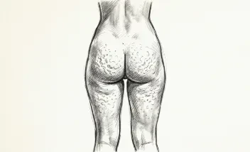 Piel de naranja en glúteos, cara posterior de muslos y abdomen.